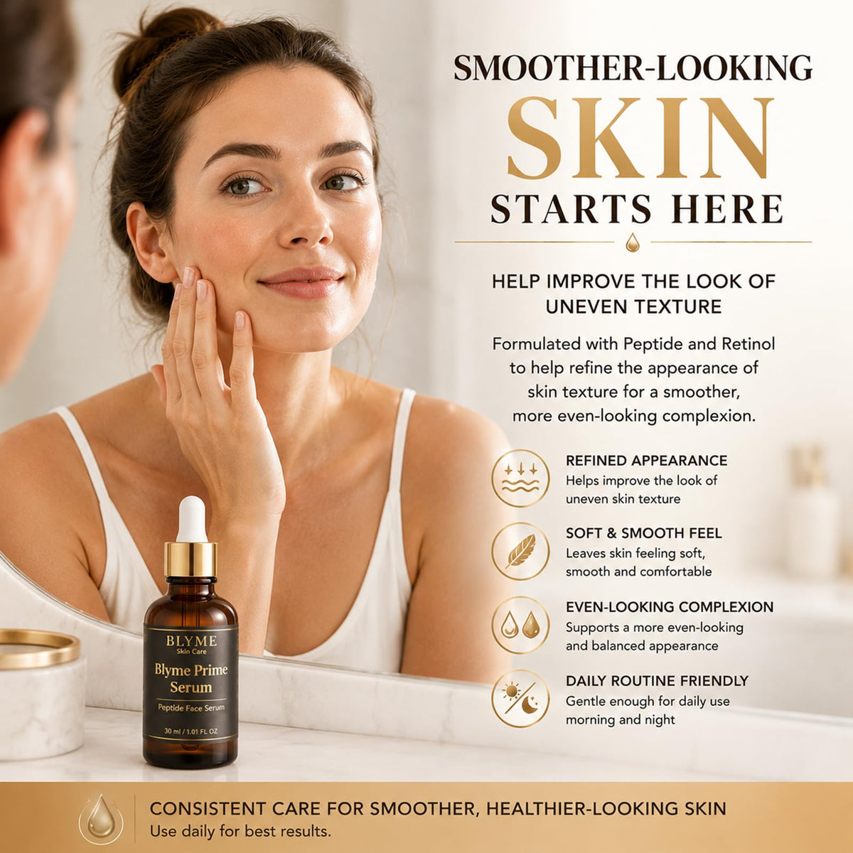 Luooin BLYME bottle on bathroom counter suggesting daily routine integration
