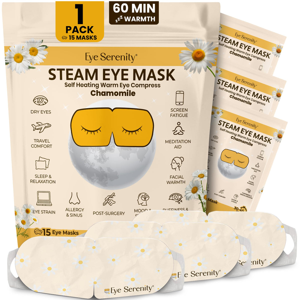 Lure Essentials front packaging showing chamomile steam masks for quick relief