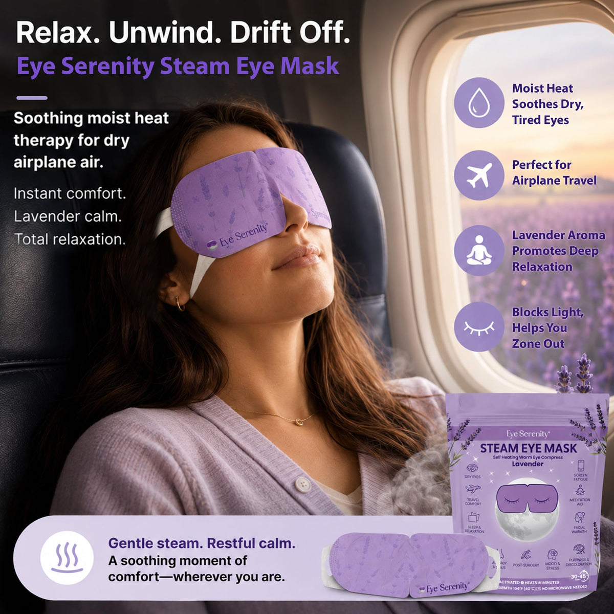 Lure Essentials unwrapped heated eye mask with lavender scent information visible on label