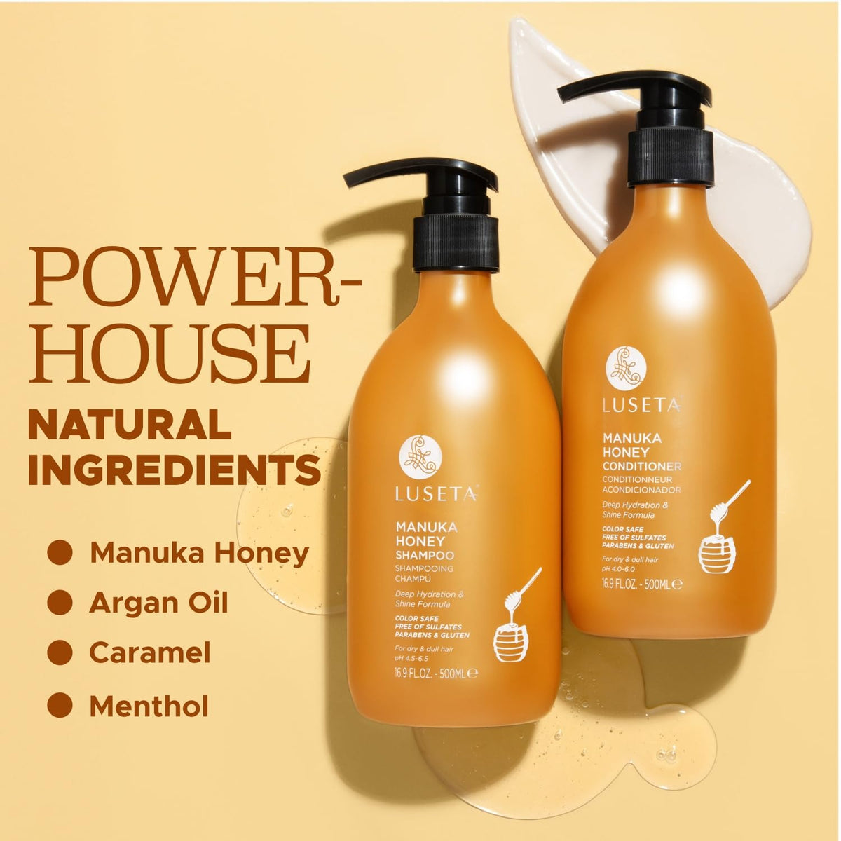 Flatlay of Luseta with argan oil and manuka honey highlighting nourishing ingredients
