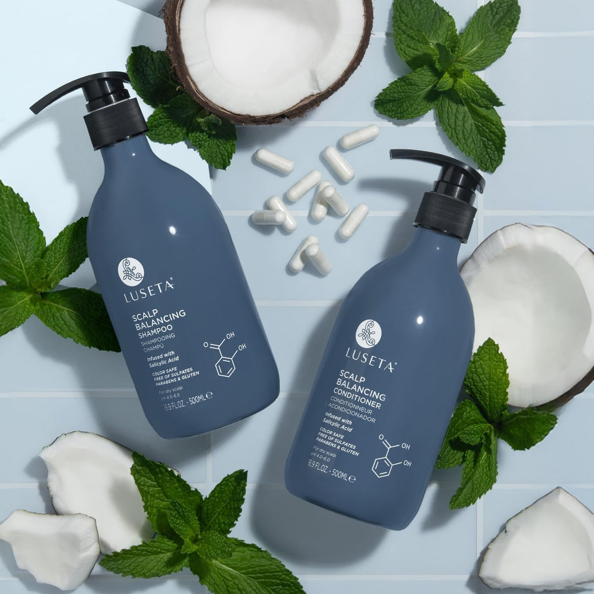 Luseta set on bathroom shelf suggesting integrated daily scalp routine