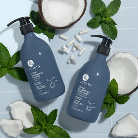 Luseta set on bathroom shelf suggesting integrated daily scalp routine