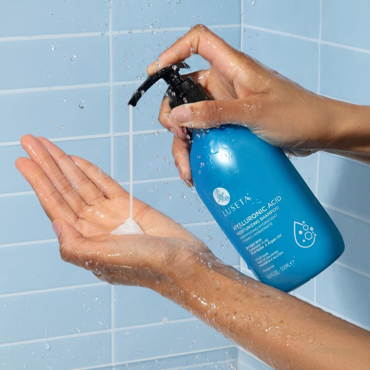 LUSETA bottles staged on shower shelf in bathroom showing everyday routine benefit