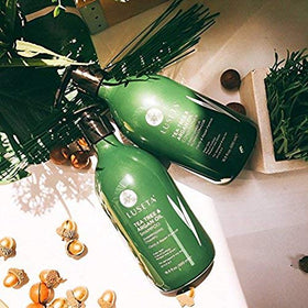 Luseta bathroom lifestyle use depicting soothing scalp care at home