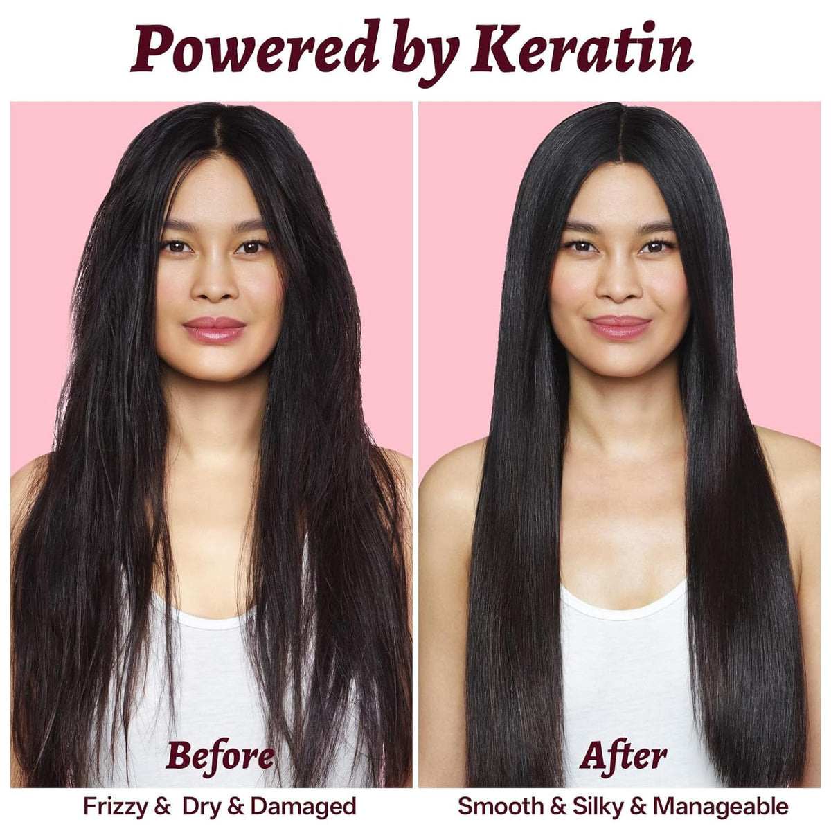 Luseta before and after curls showing reduced frizz and improved shine