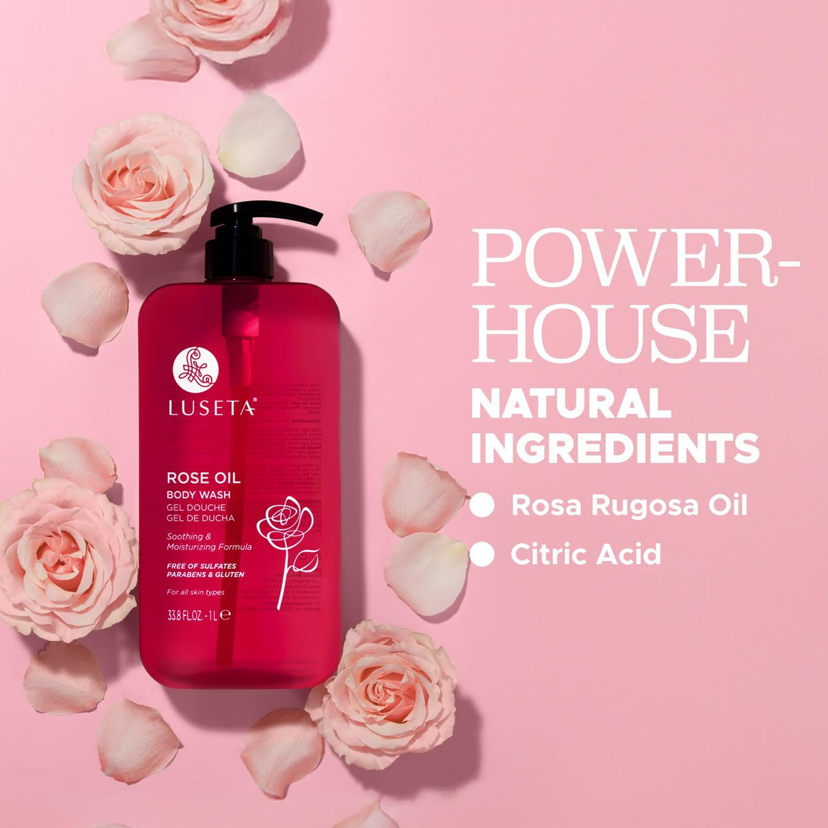 Luseta bottle in bathroom setting suggesting spa-like shower and relaxing scent