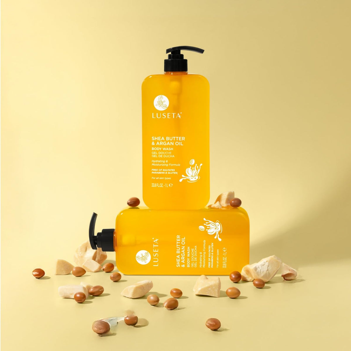 Luseta bottle in shower scene suggesting daily gentle cleansing routine