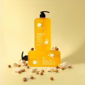 Luseta bottle in shower scene suggesting daily gentle cleansing routine