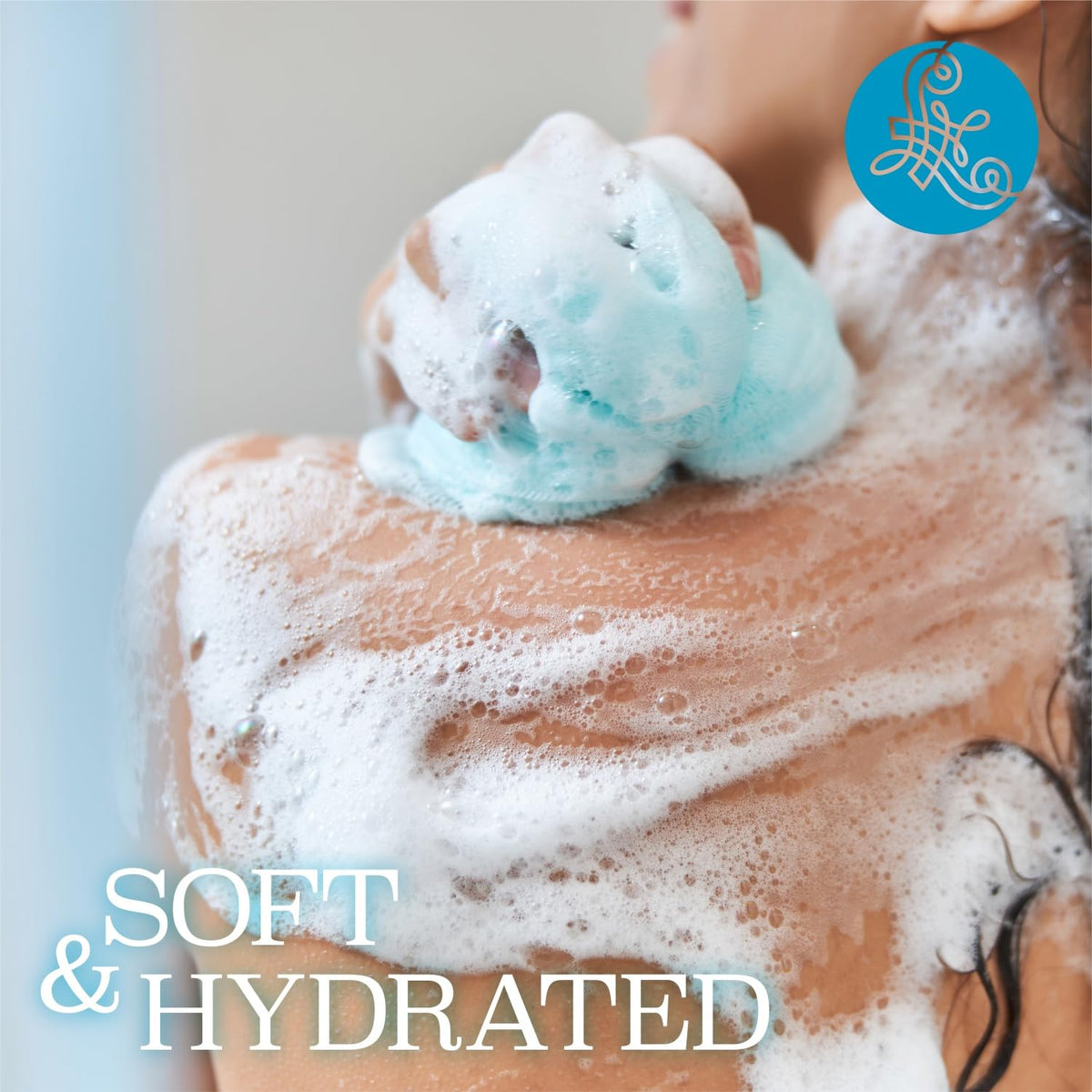 Luseta bottle in shower setting illustrating gentle cleansing benefit