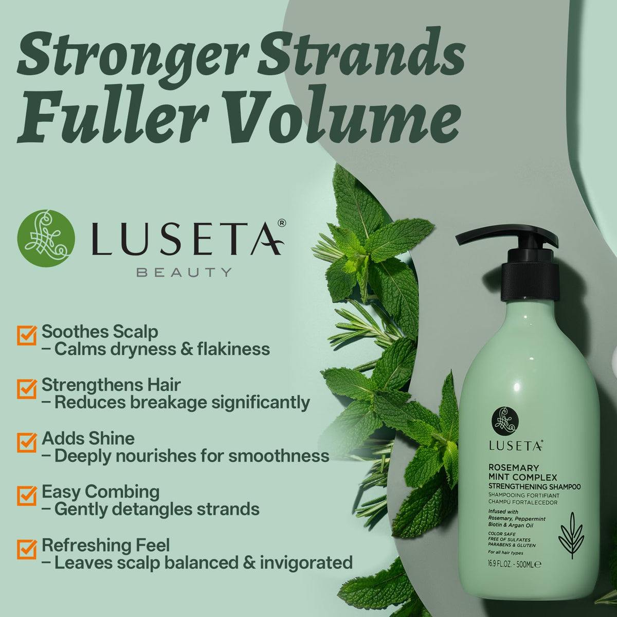 LUSĒTA bottle label close-up highlighting rosemary ingredients and product claims