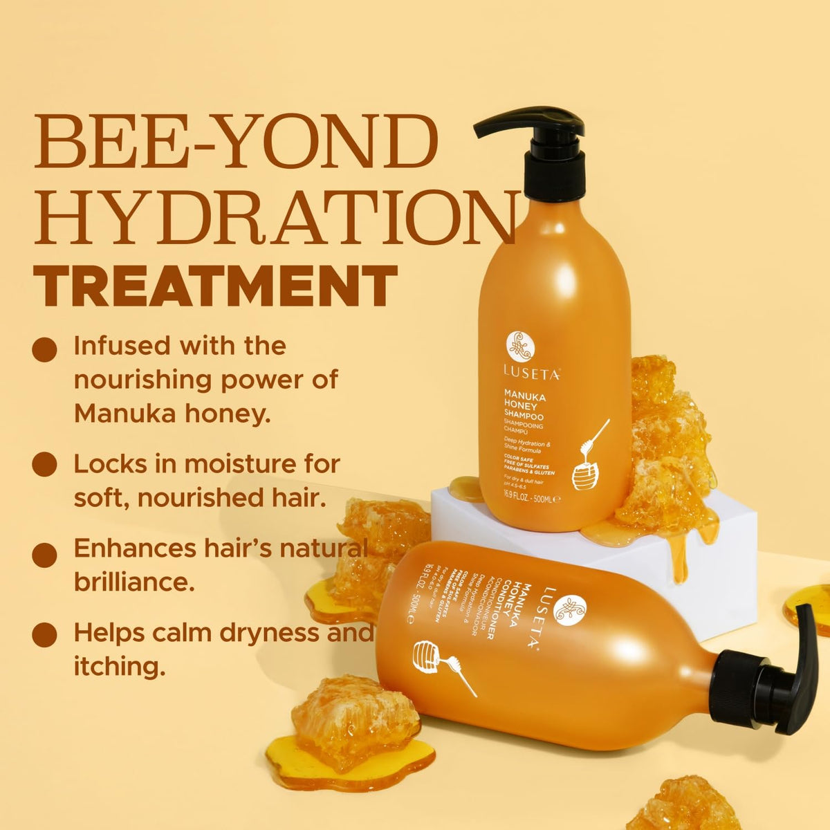 Close-up of Luseta bottle label highlighting manuka honey and sulfate-free benefit