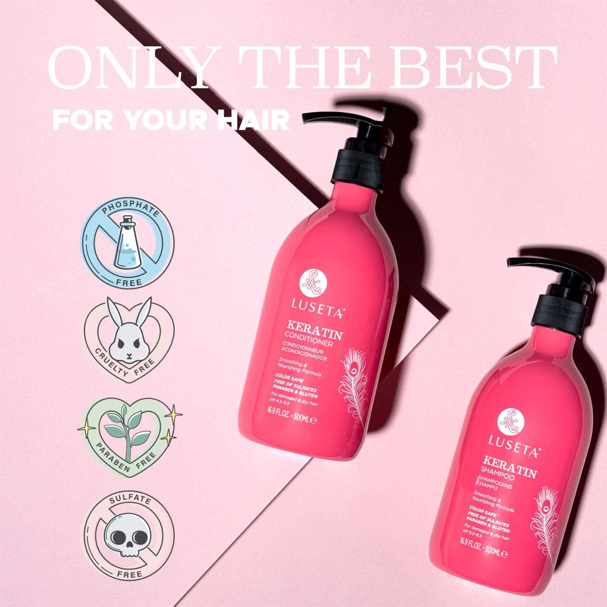 LUSĒTA bottle label and ingredient list emphasizing keratin formula