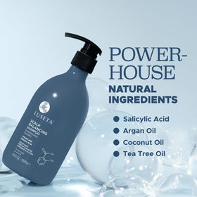 LUSETA bottle with argan and tea tree ingredients highlighting clarity
