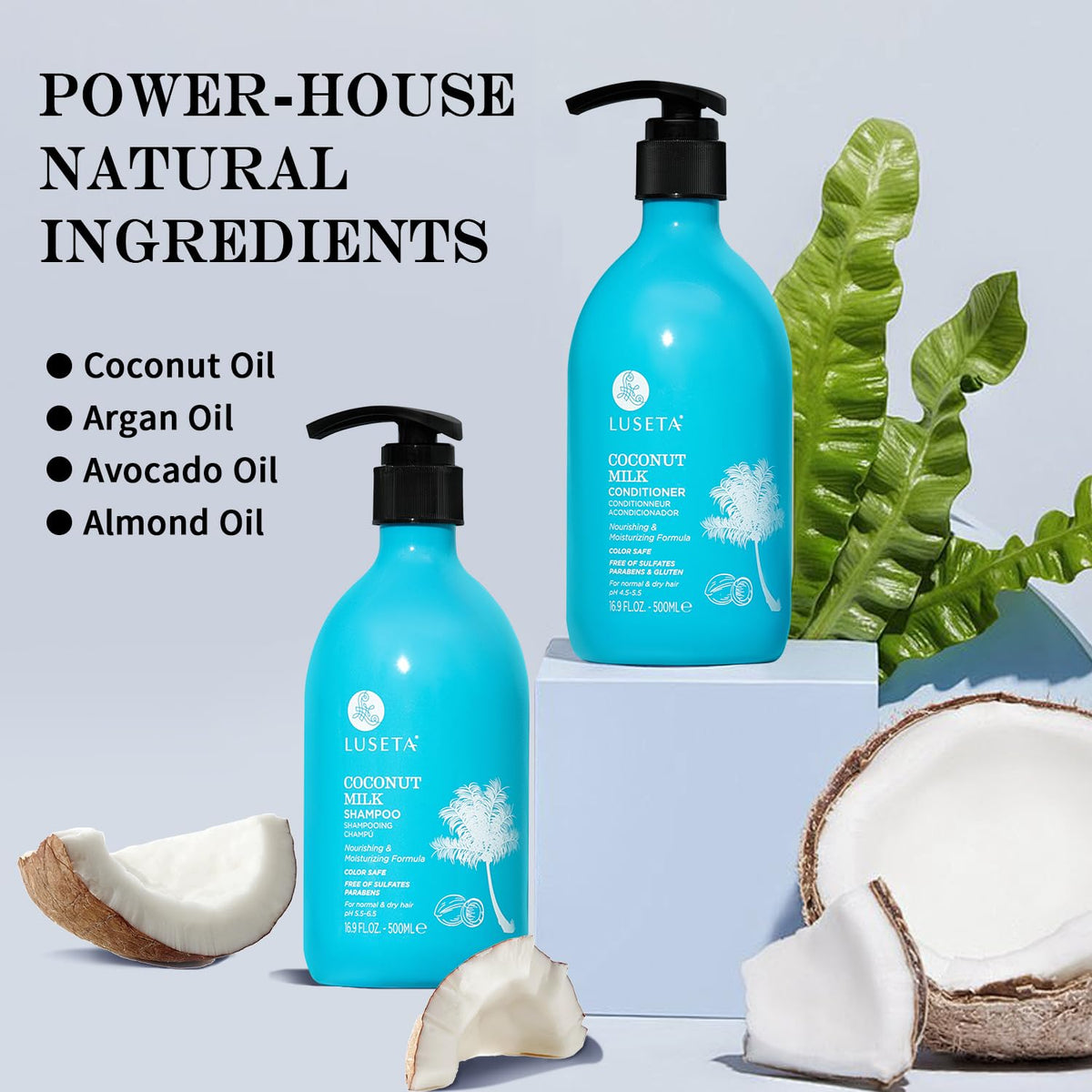 Luseta close-up of dispenser and label for easy application and ingredient clarity