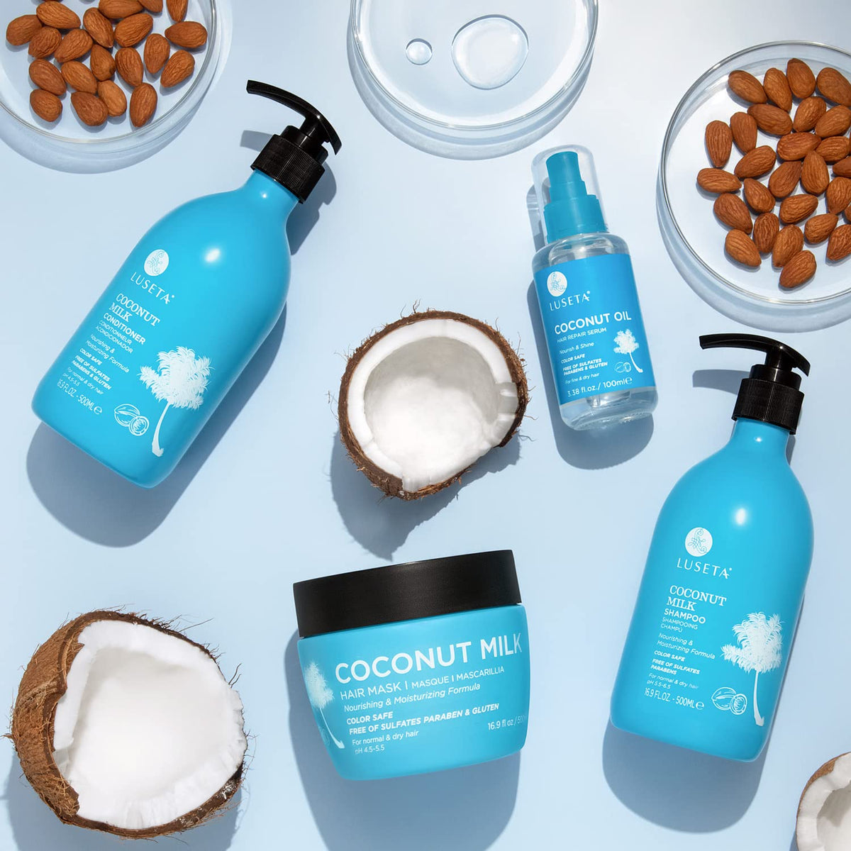 Coconut and milk ingredients beside Luseta jar emphasizing natural hydration