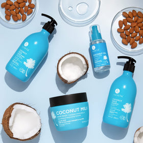 Coconut and milk ingredients beside Luseta jar emphasizing natural hydration