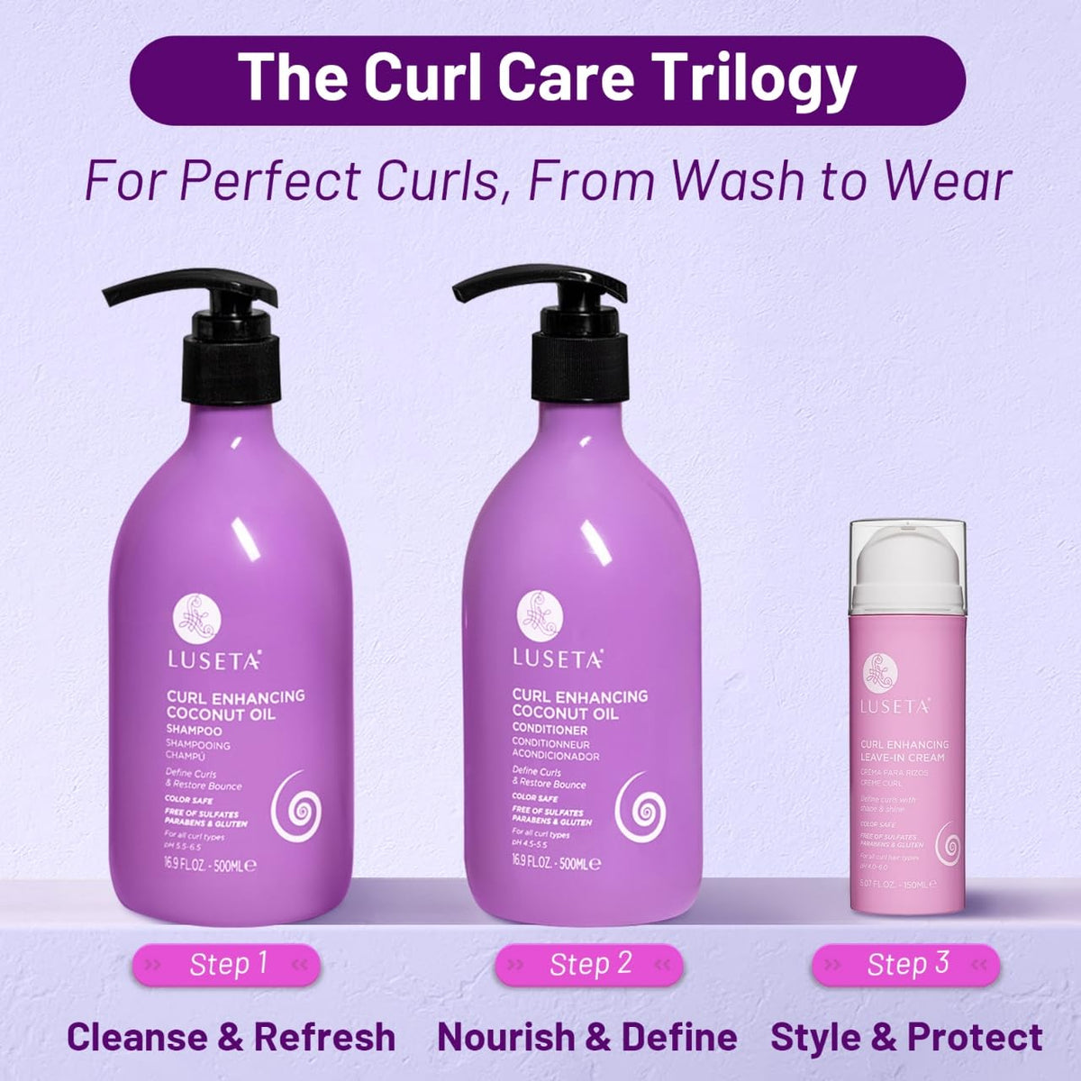 LUSeta in-shower use on curly hair showing frizz control benefit
