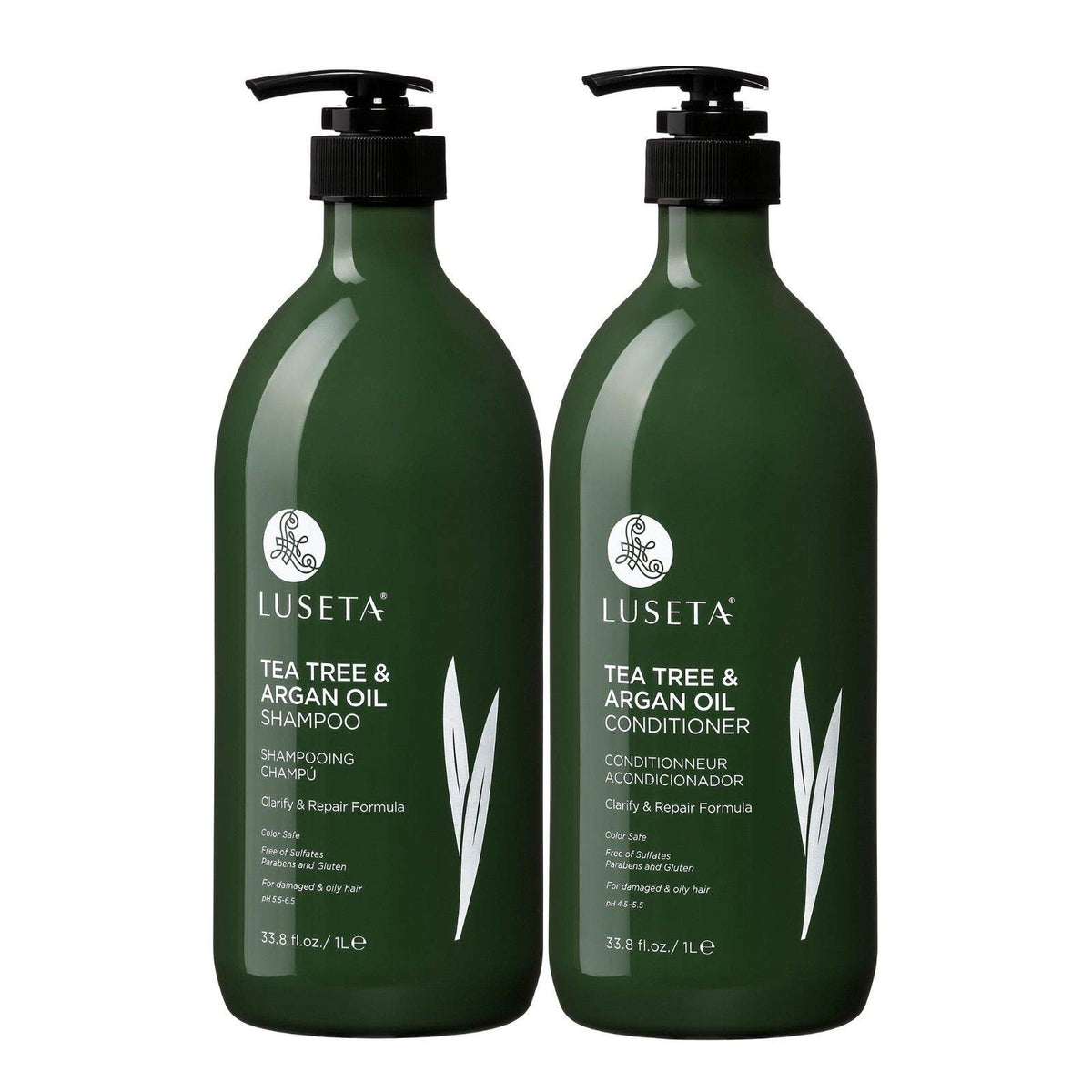 Luseta front view of shampoo and conditioner showing clear branding and size benefits