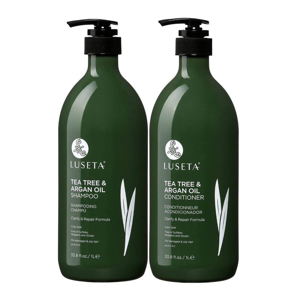 Luseta front view of shampoo and conditioner showing clear branding and size benefits