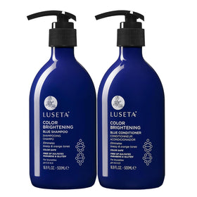 LUSETA front packaging showing dual blue shampoo and conditioner for tone correction