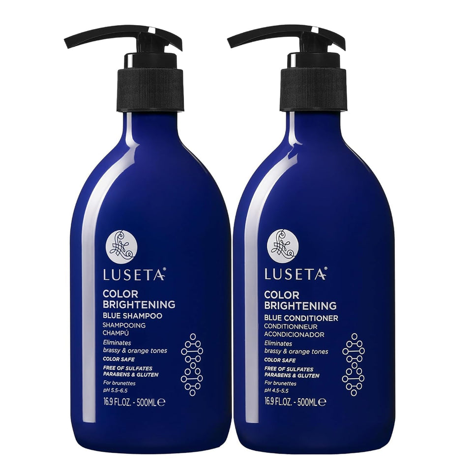 LUSETA front packaging showing dual blue shampoo and conditioner for tone correction