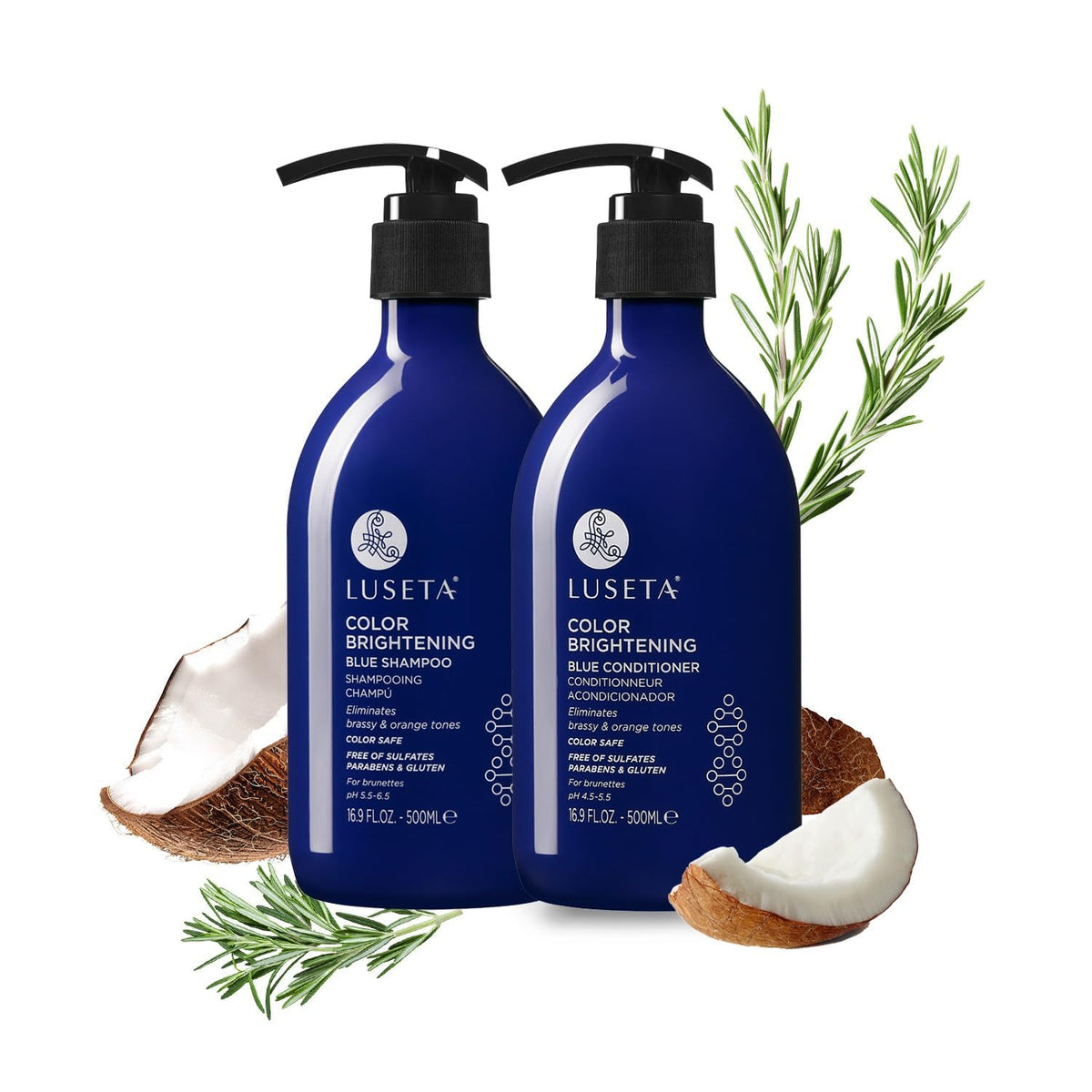 Luseta front packaging showing blue shampoo and conditioner, clear toning solution benefit