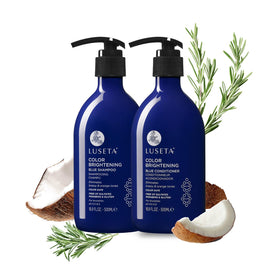 Luseta front packaging showing blue shampoo and conditioner, clear toning solution benefit