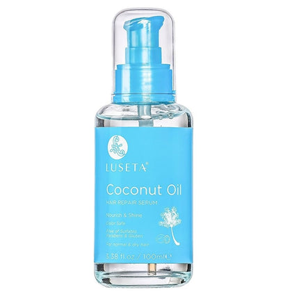 L LUSETA front packaging of coconut milk hair oil serum showing bottle and label benefit