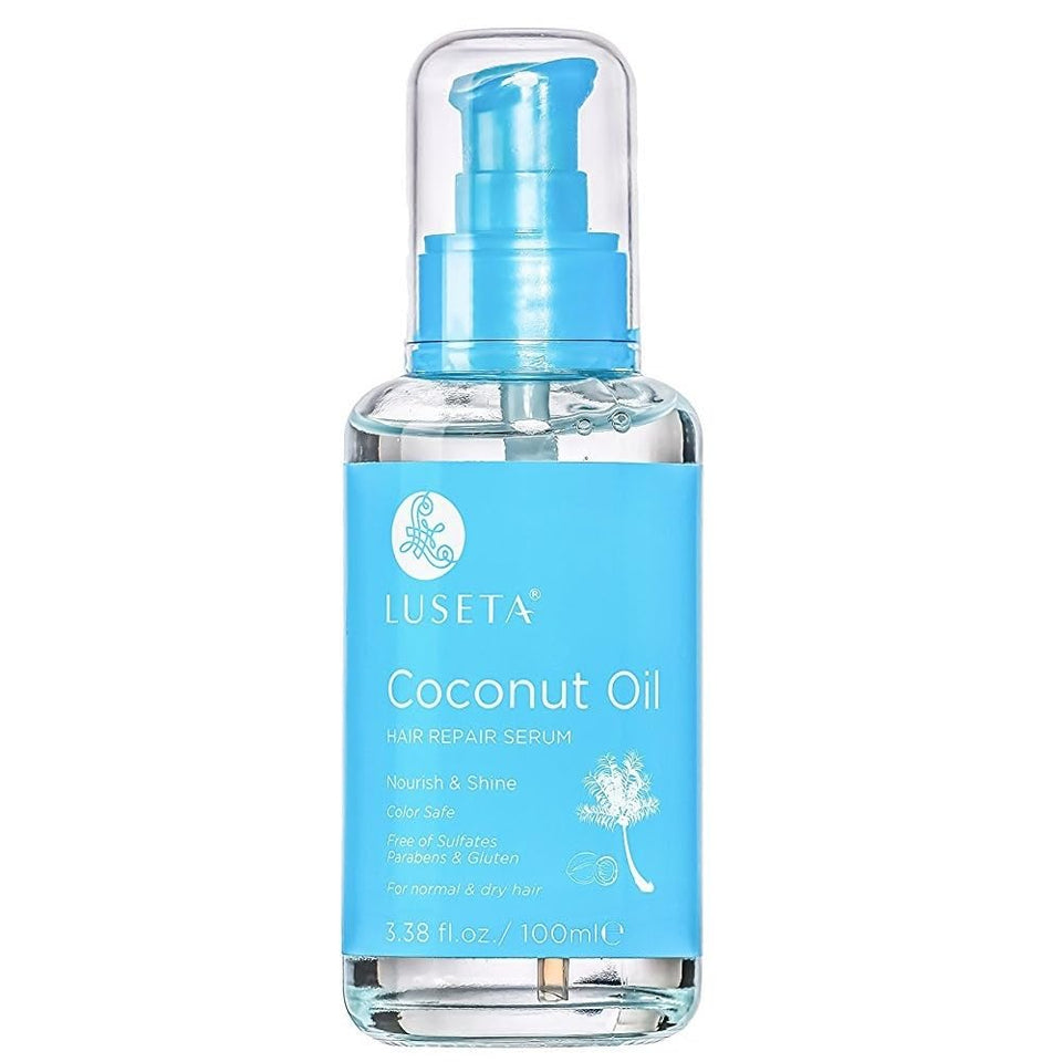L LUSETA front packaging of coconut milk hair oil serum showing bottle and label benefit