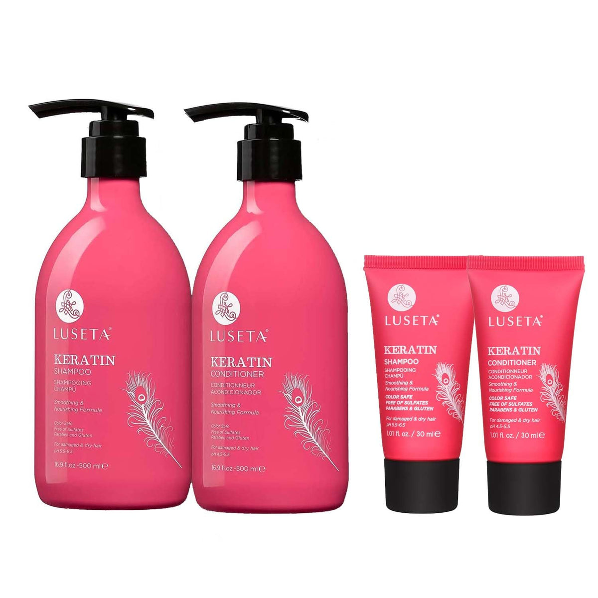 Luseta front packaging showing full-size bottles and travel duo for easy travel