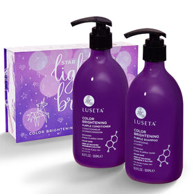 LUSÈTA front packaging view showing purple shampoo and conditioner, clear toning benefit