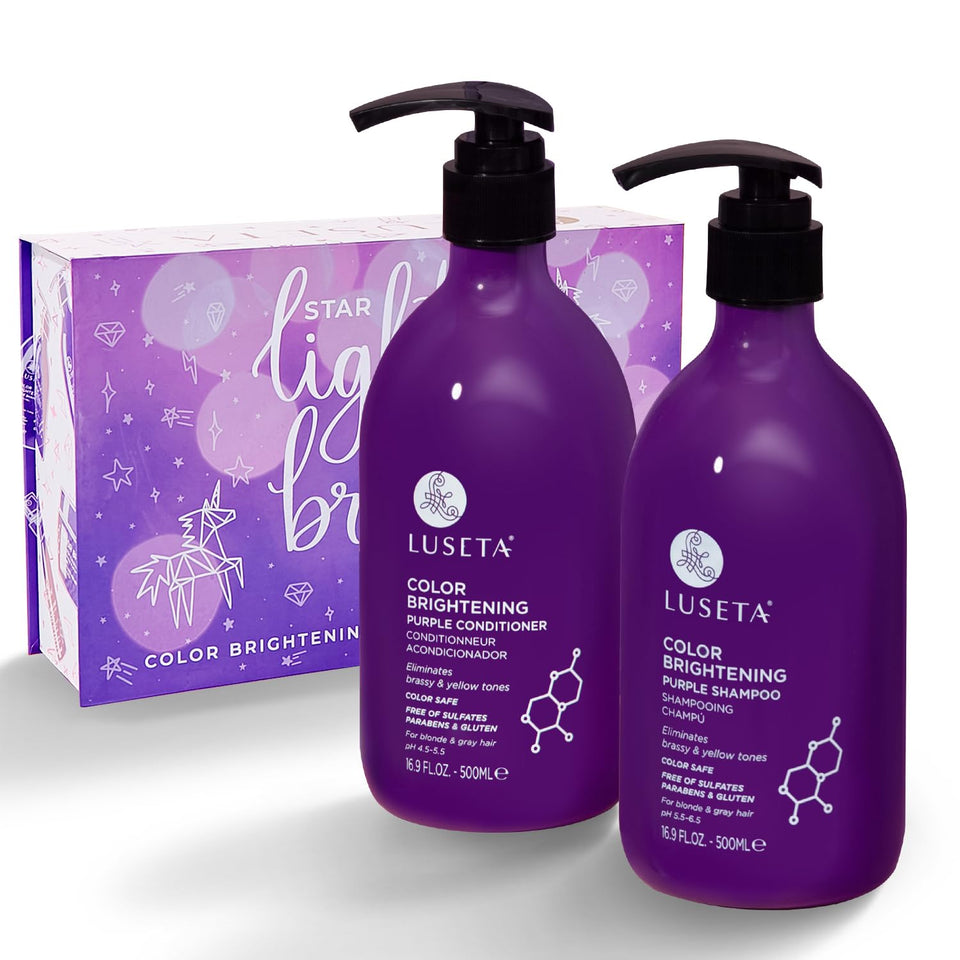 LUSÈTA front packaging view showing purple shampoo and conditioner, clear toning benefit