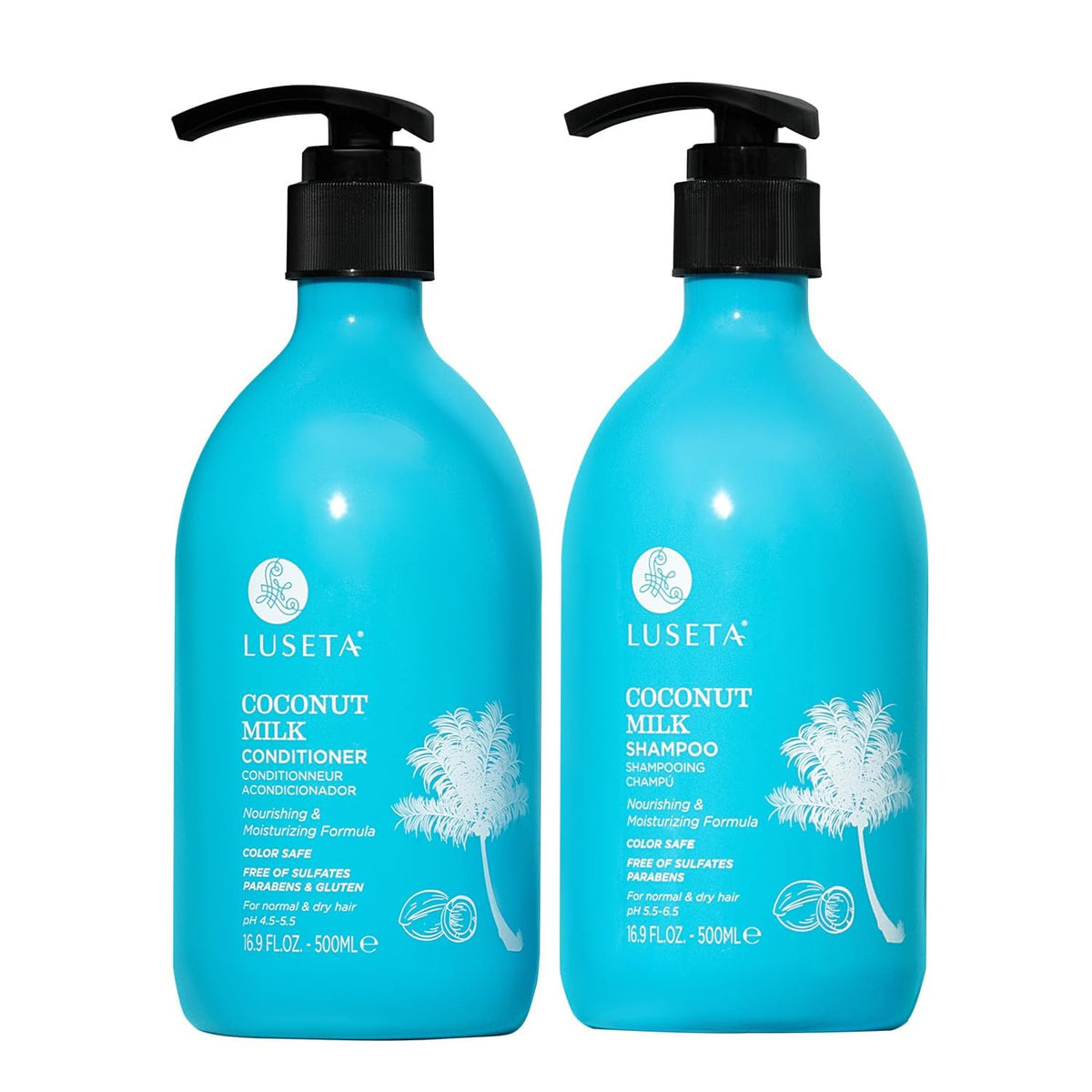 Luseta front packaging showing full shampoo and conditioner set and clear benefits