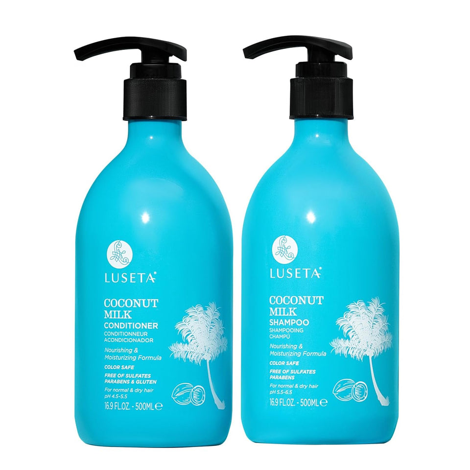 Luseta front packaging showing full shampoo and conditioner set and clear benefits
