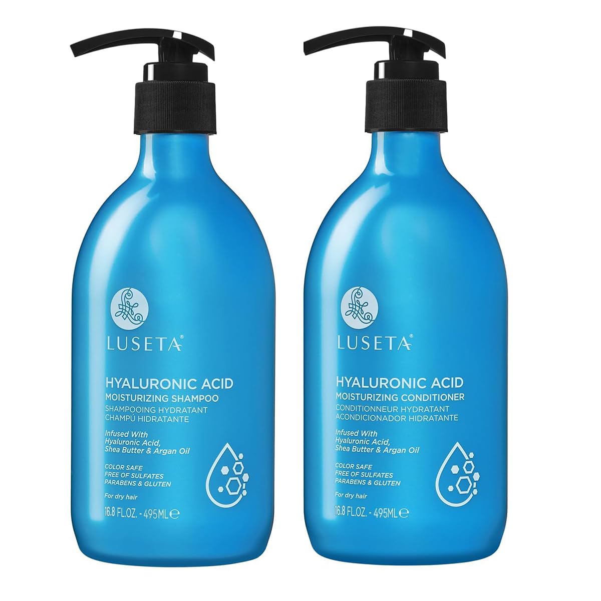LUSETA front packaging of shampoo and conditioner showing full-size bottles and set benefit