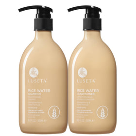 LUSETA front packaging showing shampoo and conditioner bottles and benefits
