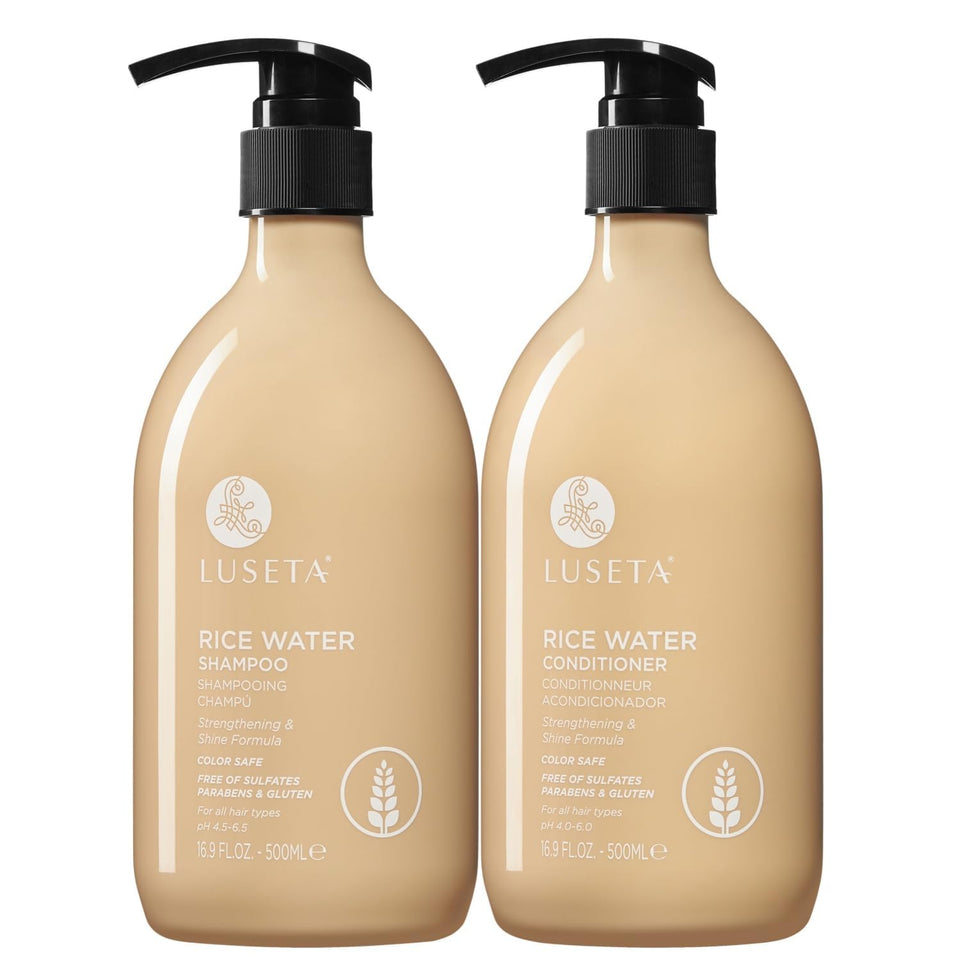 LUSETA front packaging showing shampoo and conditioner bottles and benefits