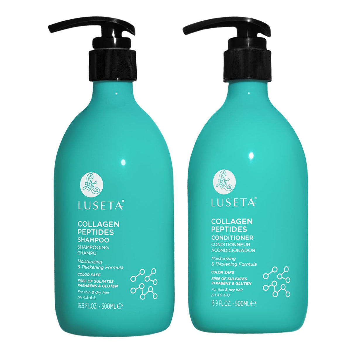 L LUSETA front packaging showing shampoo and conditioner for fuller-looking hair
