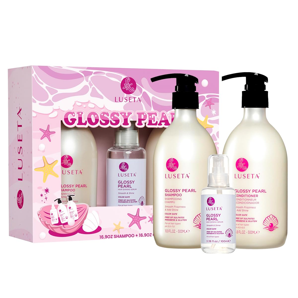 Luseta front packaging showing the glossy pearl trio and clear benefits