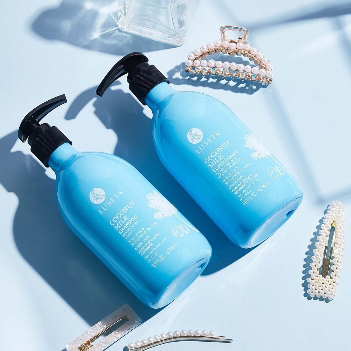 Luseta set staged on bathroom shelf during morning routine for real-life use