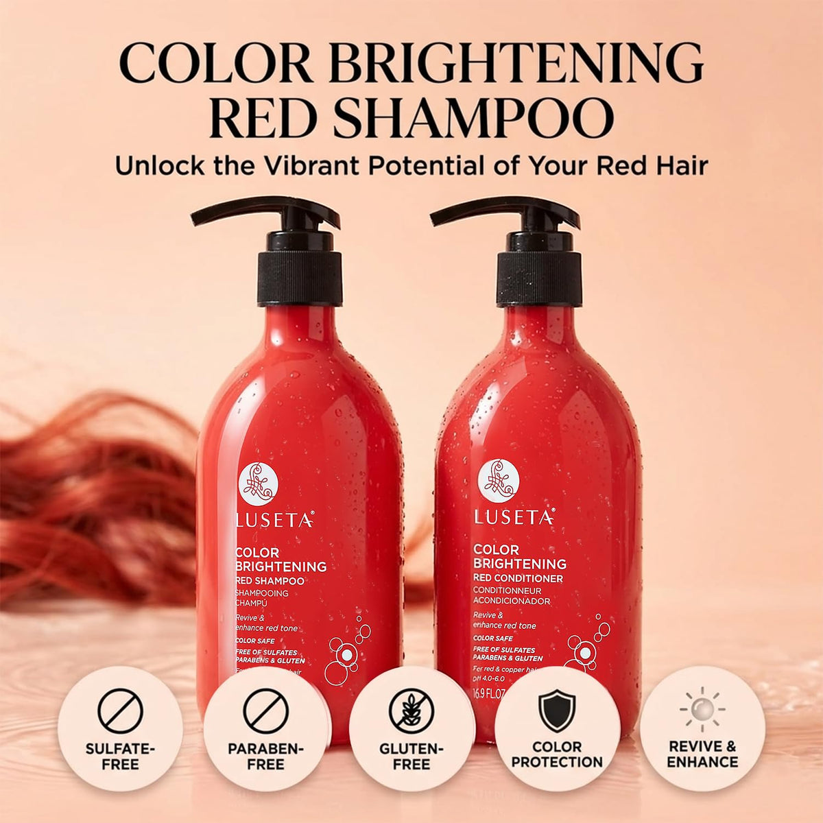 Luseta in-use photo applying shampoo to wet red hair to refresh warm pigments
