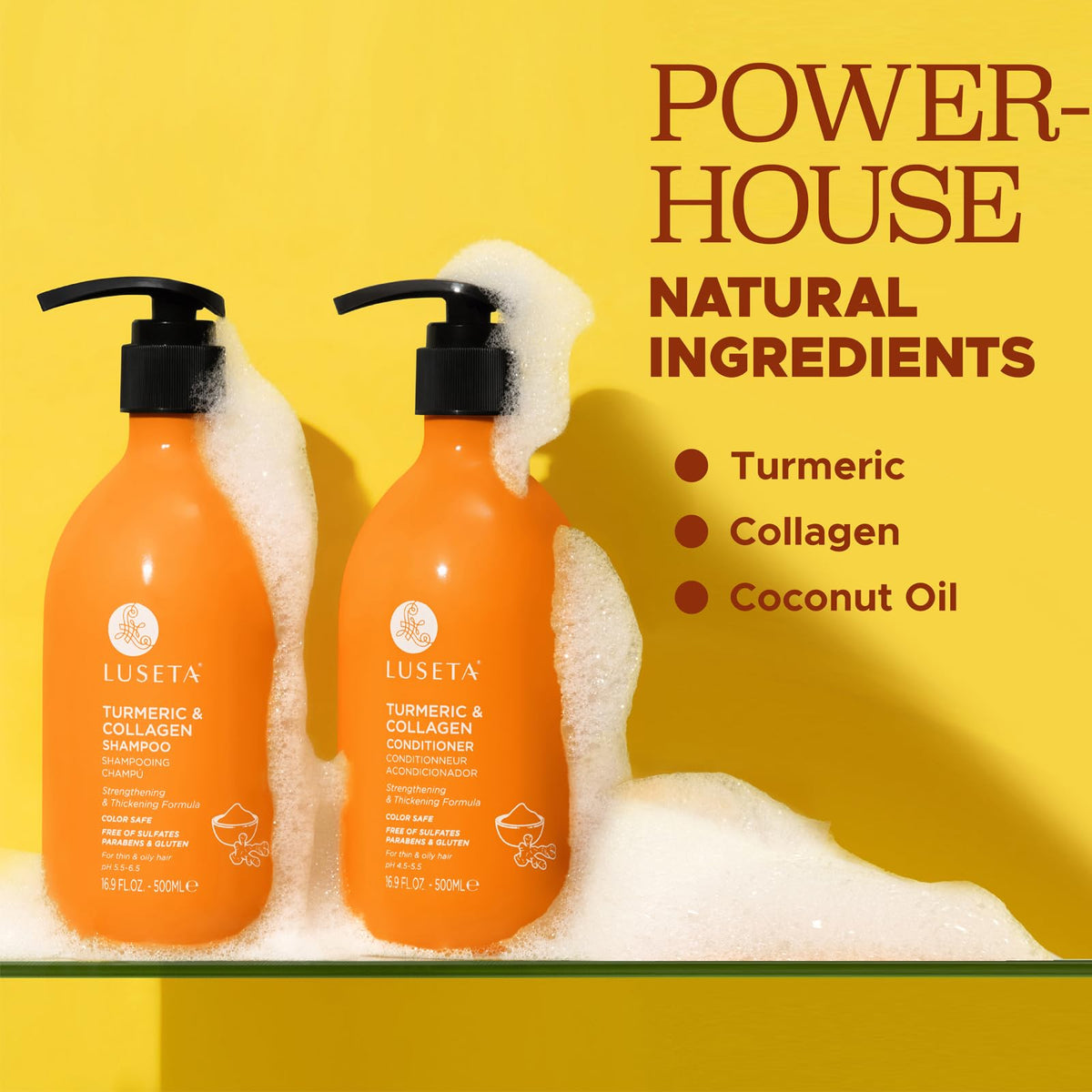 Luseta turmeric and collagen ingredient display emphasizing natural support