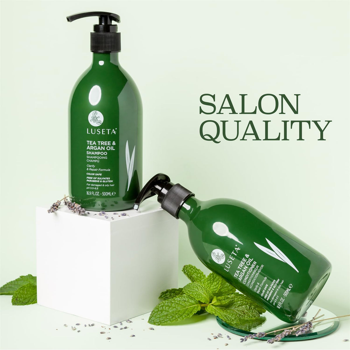 LUSĒTA ingredient arrangement with tea tree and argan, emphasizes natural care