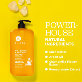 Luseta shea and argan ingredients display highlighting nourishing formulation