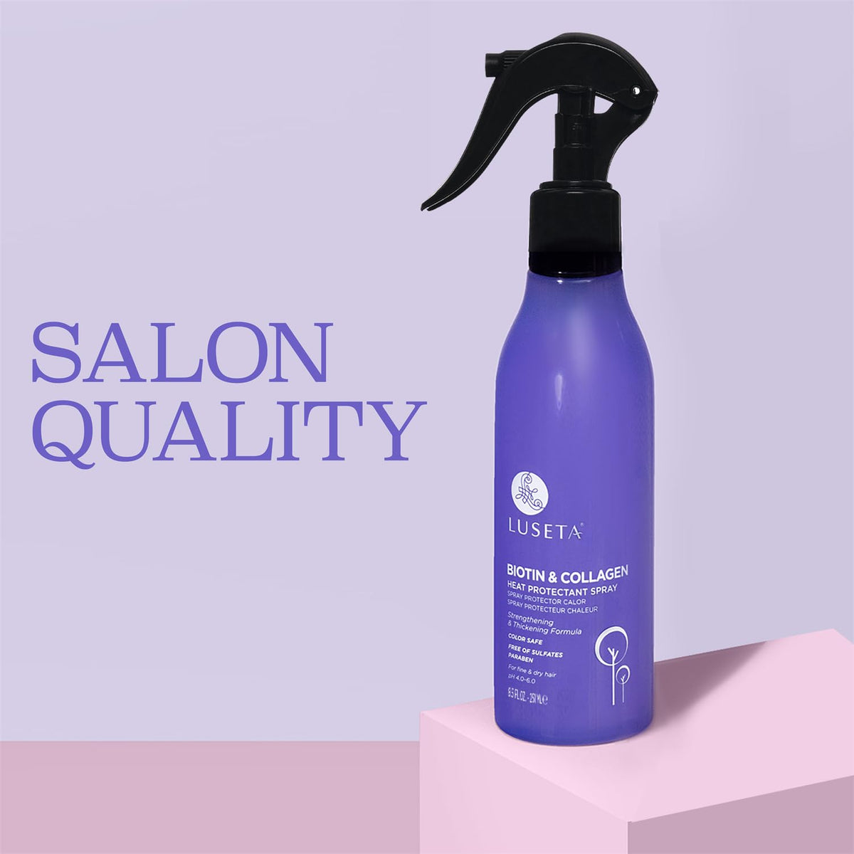 Luseta label close-up highlighting biotin and collagen benefits