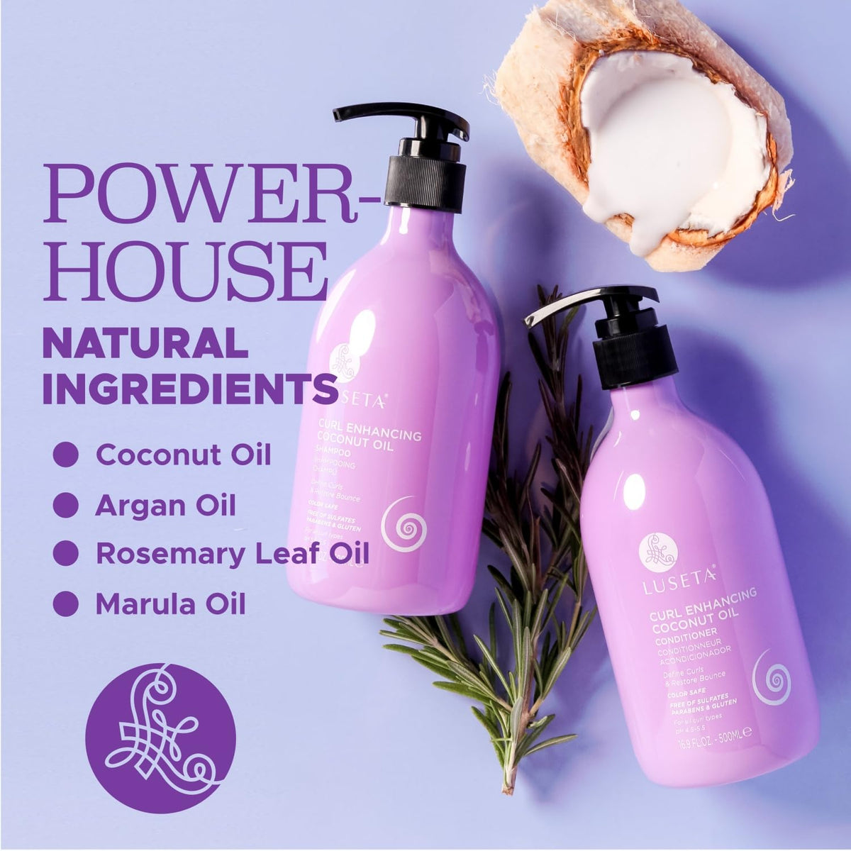 L LUSETA product label with rosemary and coconut listing natural ingredients