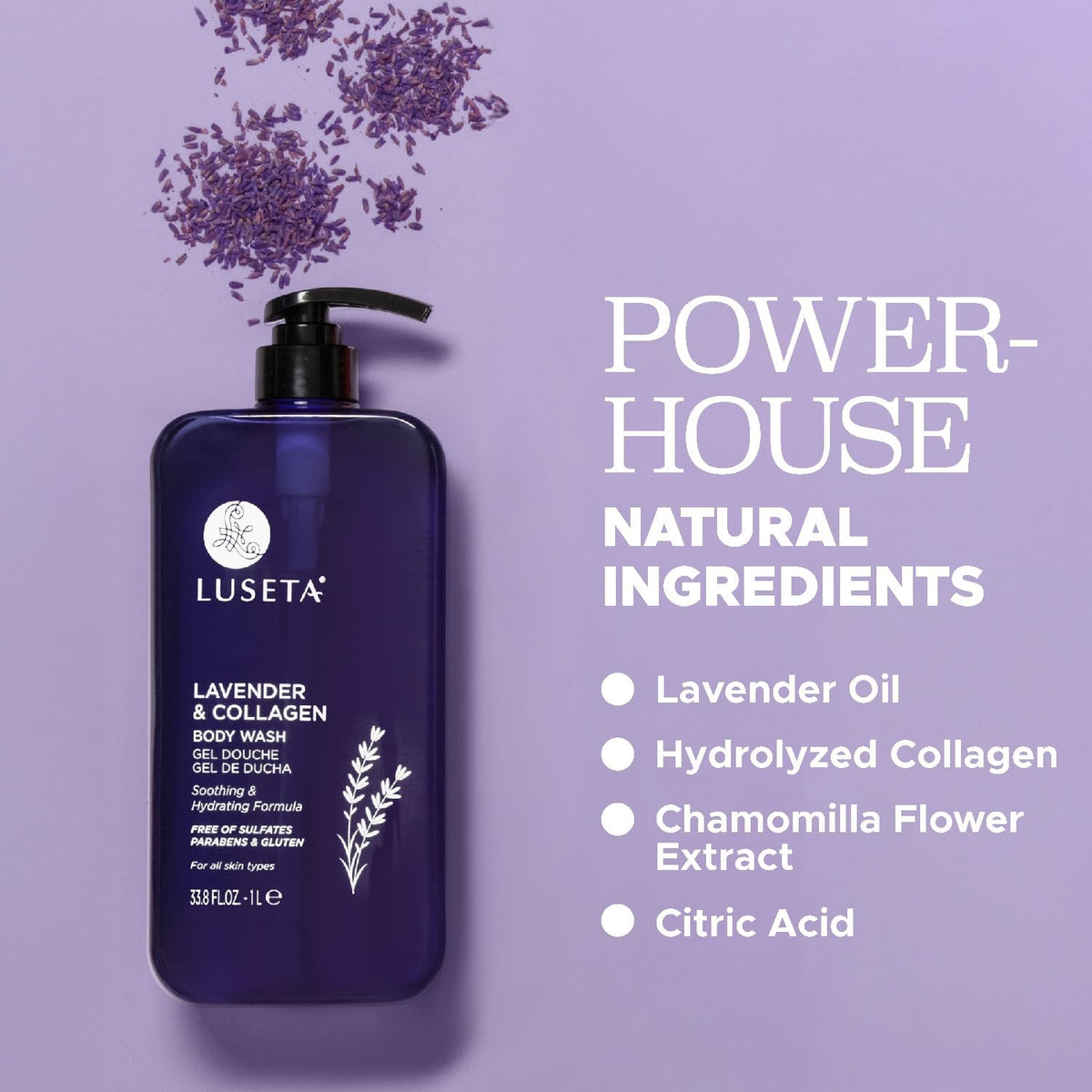 Lavender sprigs and collagen powder with Luseta bottle highlighting natural ingredients