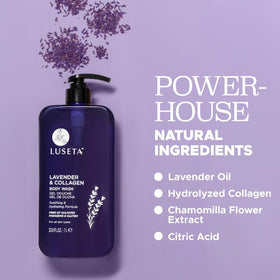 Lavender sprigs and collagen powder with Luseta bottle highlighting natural ingredients