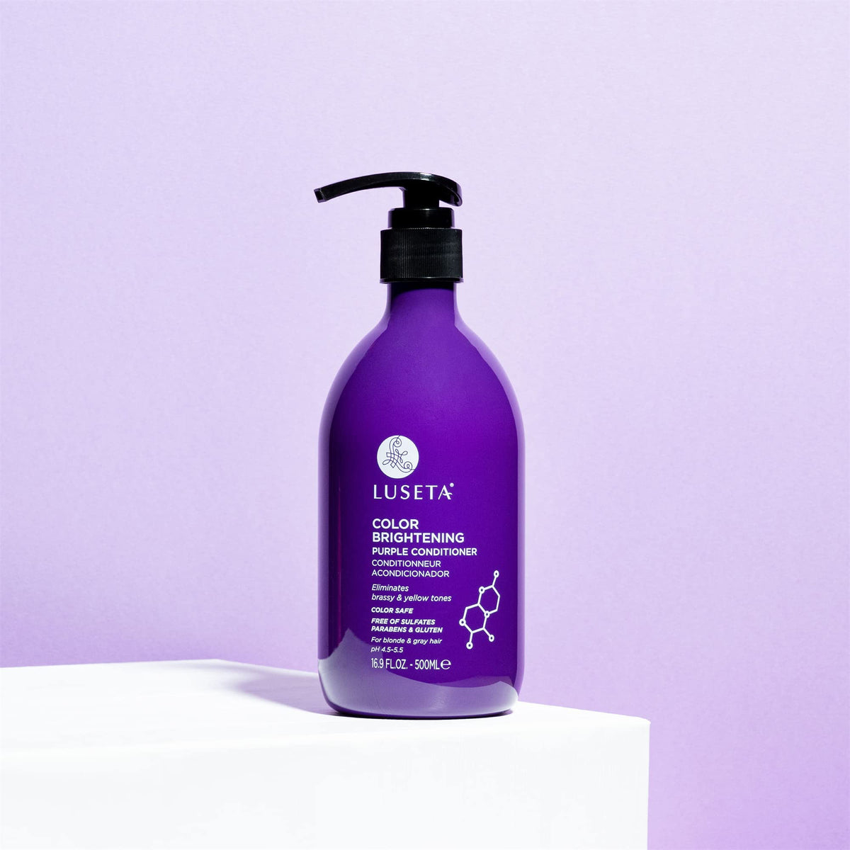 Luseta lifestyle bathroom shelf display promoting salon-fresh results