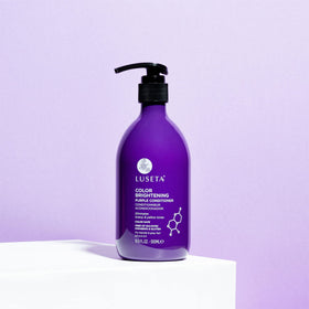 Luseta lifestyle bathroom shelf display promoting salon-fresh results